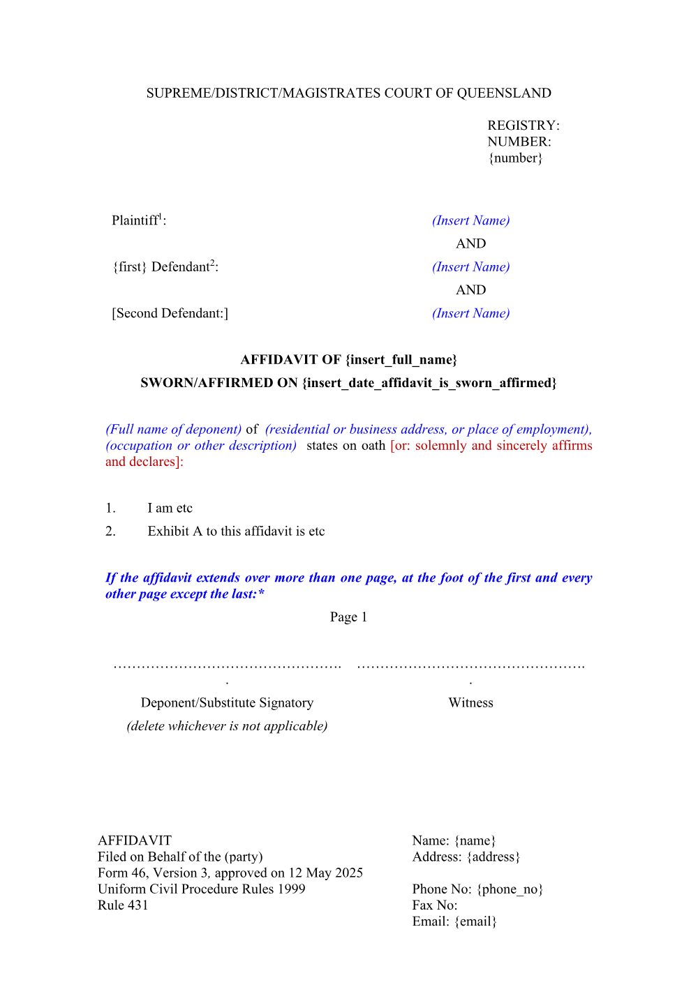 Preview of the first page of Affidavit (Form 46)