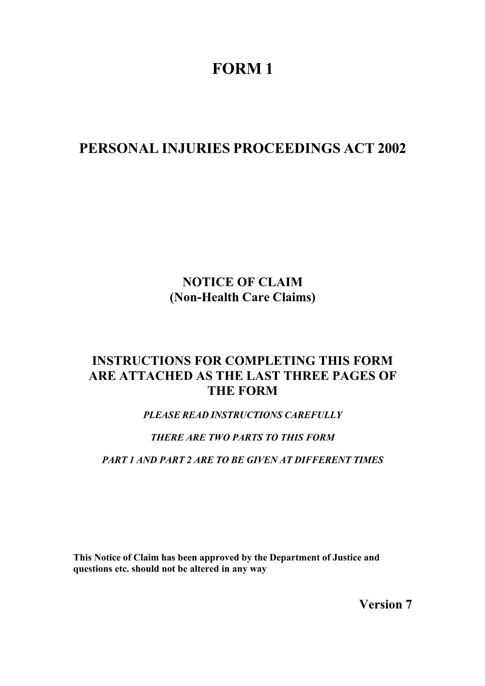 Preview of the first page of Notice of claim (non-healthcare claims) (Form 1)