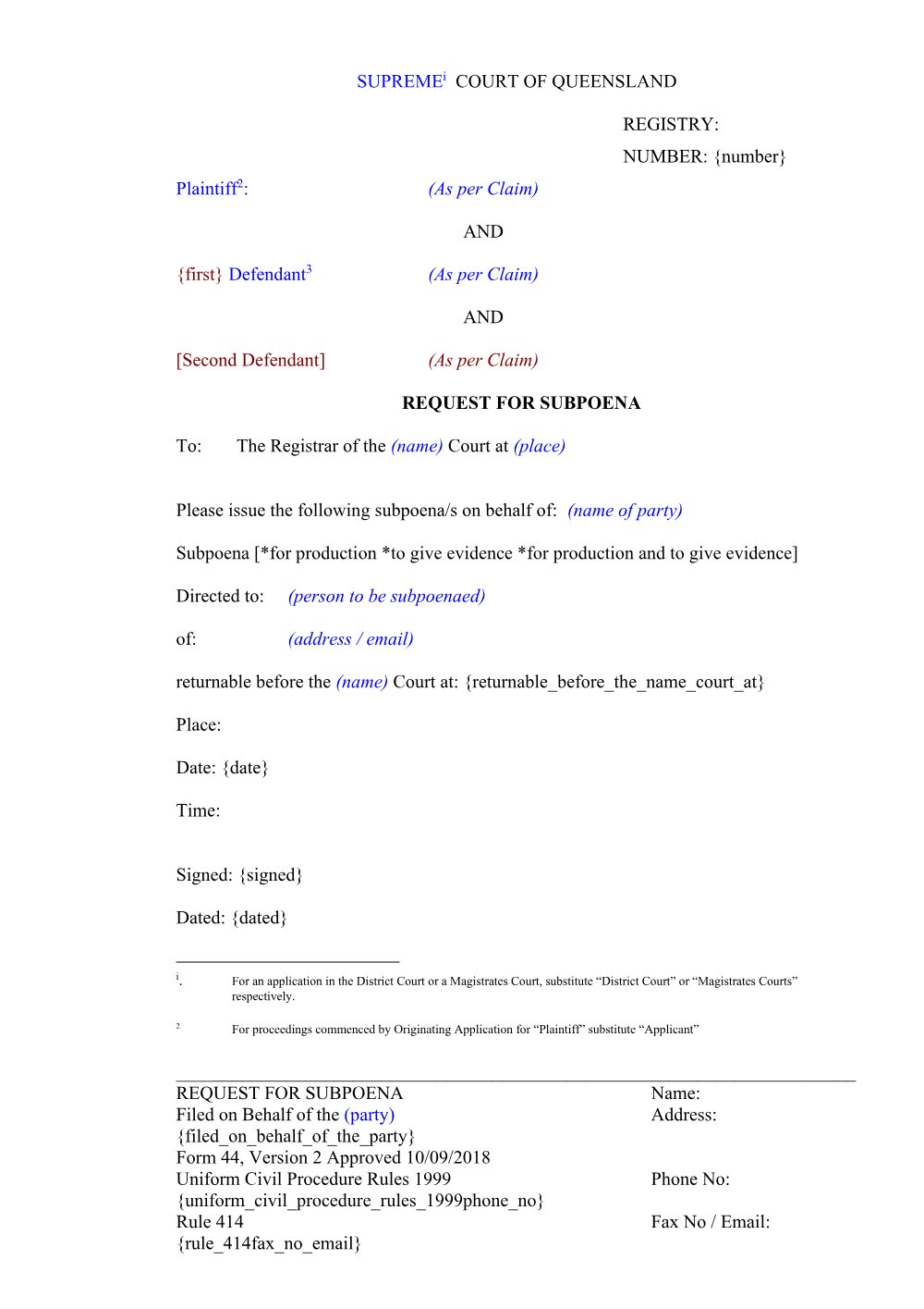 Preview of the first page of Request for subpoena (Form 44)
