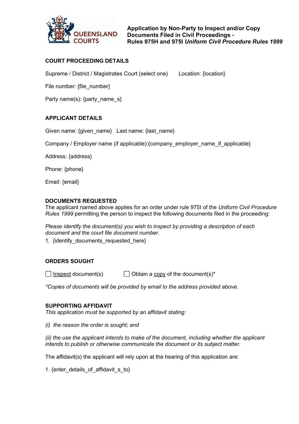 Preview of the first page of Application by Non-Party to Inspect and/or Copy Documents (UCPR rr 975H-975I)