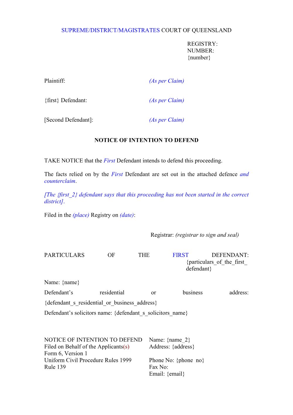 Preview of the first page of Notice of intention to defend (UCPR) (Form 6)
