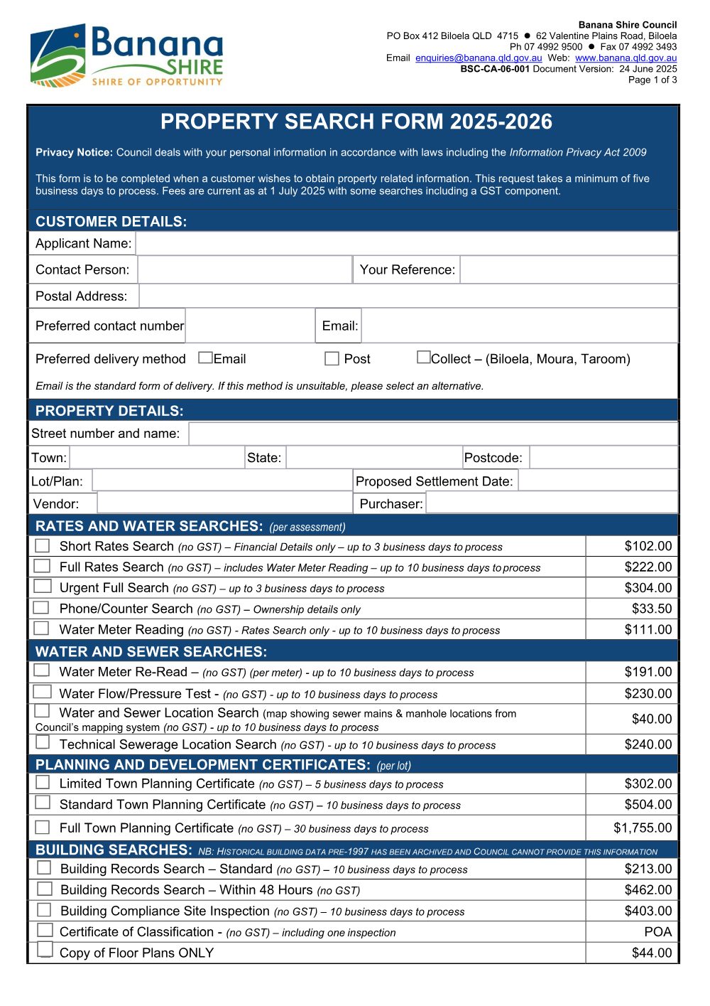 Preview of the first page of Property Search Form 2025-2026