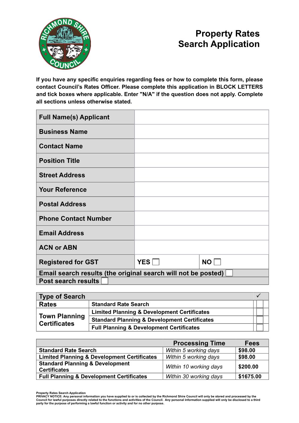 Preview of the first page of Property Rates Search Application