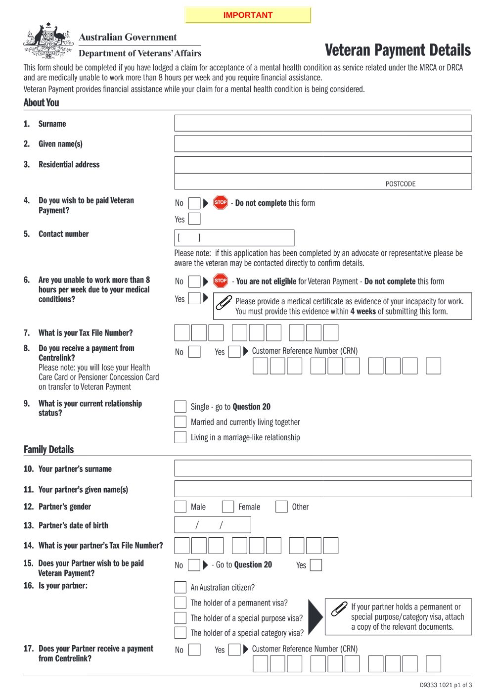 Preview of the first page of Veteran Payment Details (D9333)