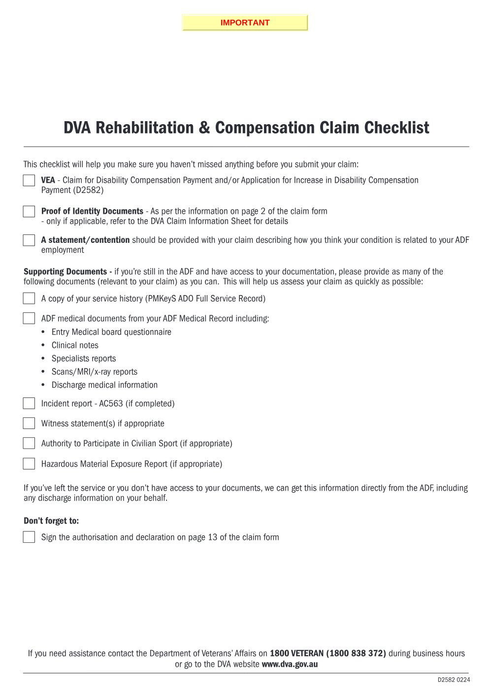Preview of the first page of Claim for Disability Compensation Payment and/or Application for Increase in Disability Compensation Payment (D2582)
