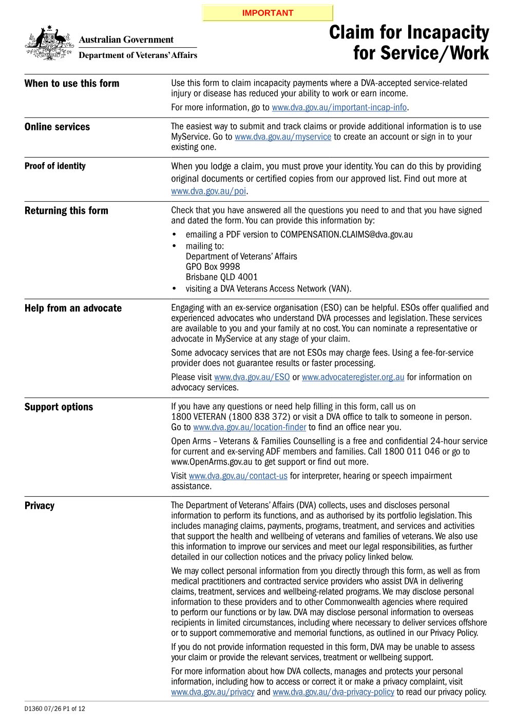 Preview of the first page of Claim for Incapacity for Service/Work (D1360)