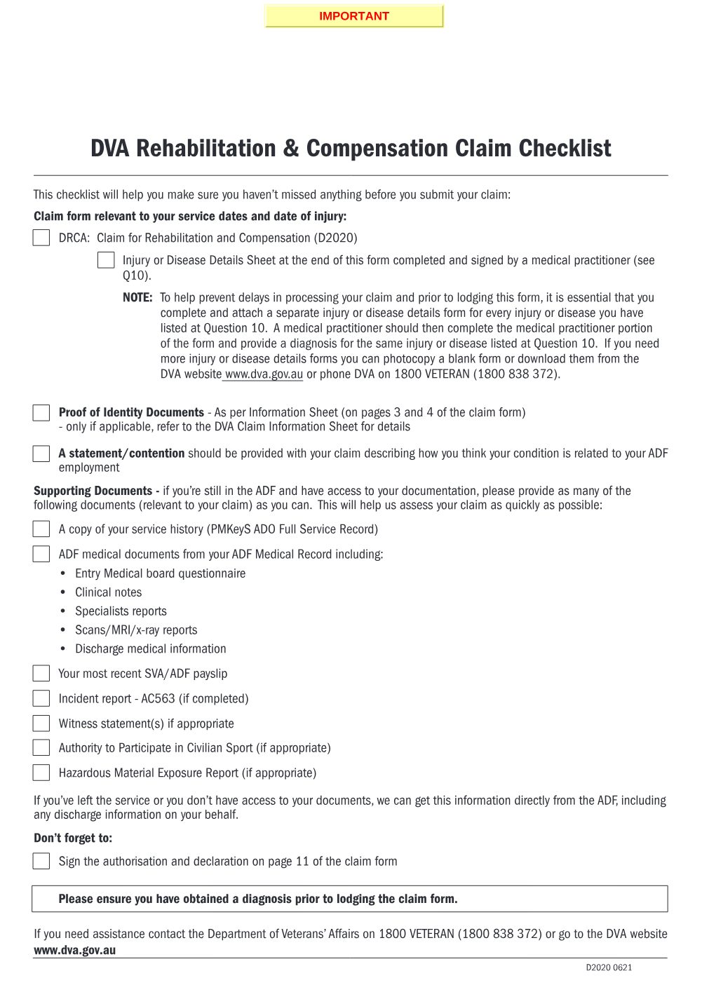 Preview of the first page of Claim for Rehabilitation and Compensation (D2020)