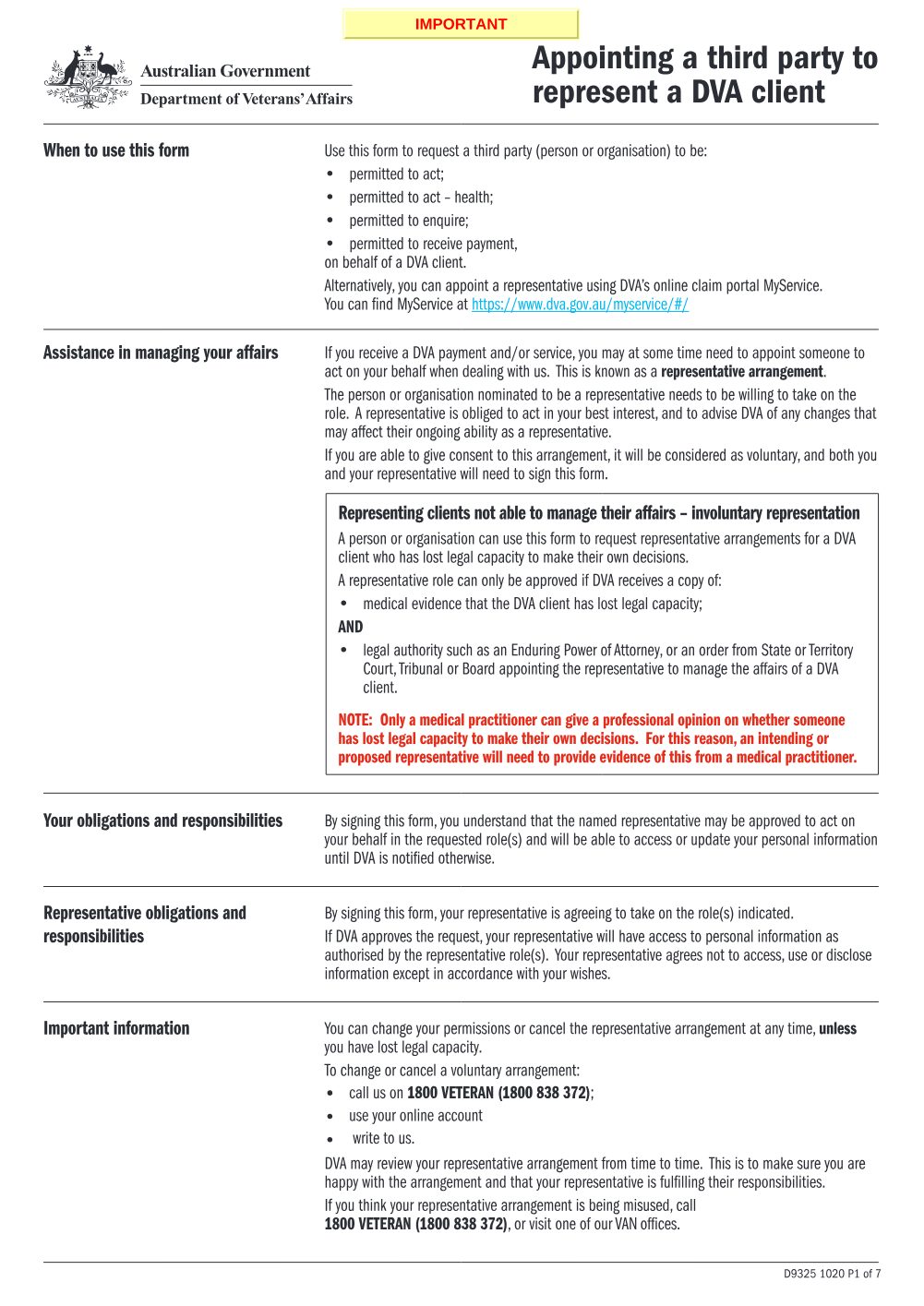 Preview of the first page of Appointing a third party to represent a DVA client (D9325)