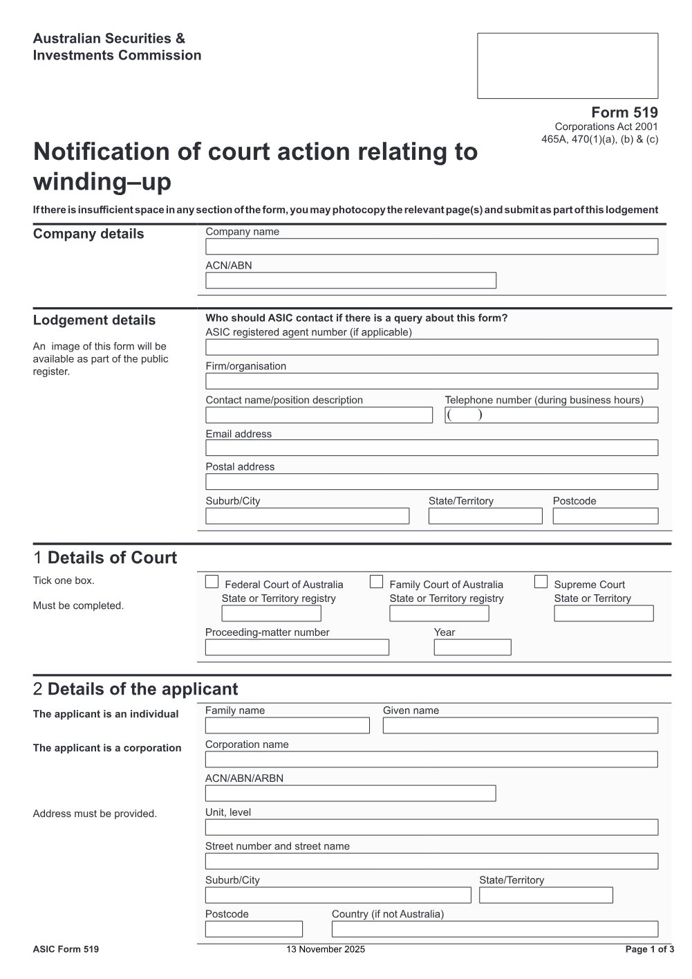 Preview of the first page of Notification of court action relating to winding up (519)