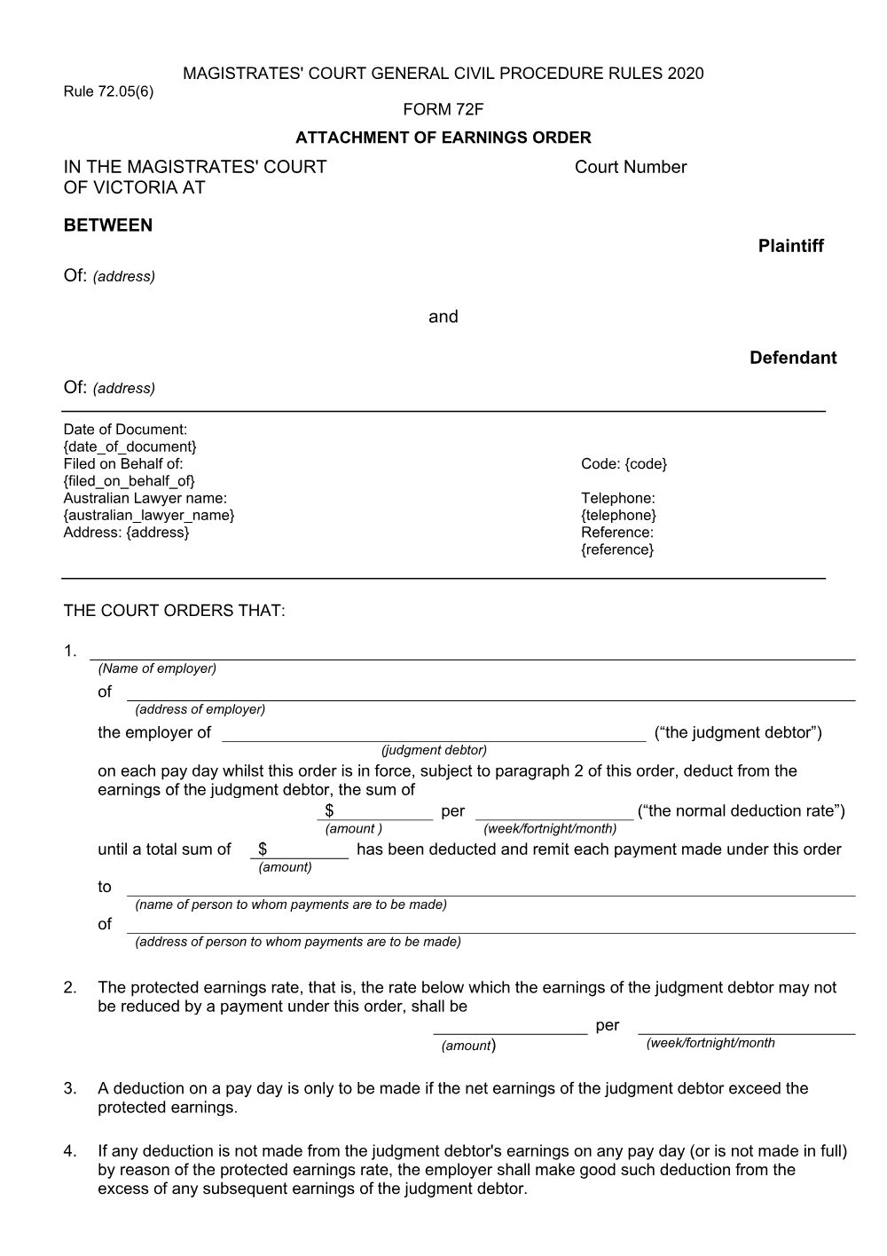Preview of the first page of Attachment of earnings order (Form 72F)