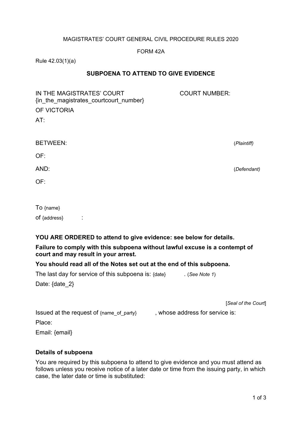 Preview of the first page of Subpoena to attend to give evidence (Form 42A)