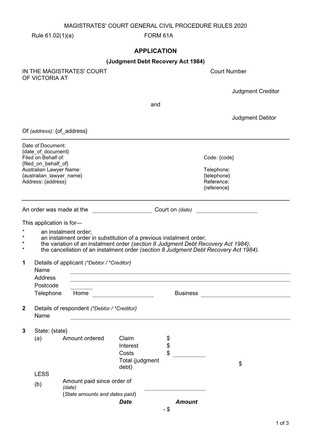 Preview of the first page of Application (Judgment Debt Recovery Act 1984) - instalment order (Form 61A)