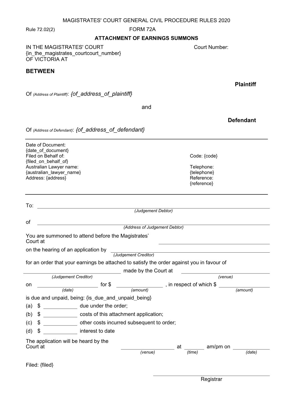 Preview of the first page of Attachment of earnings summons (Form 72A)