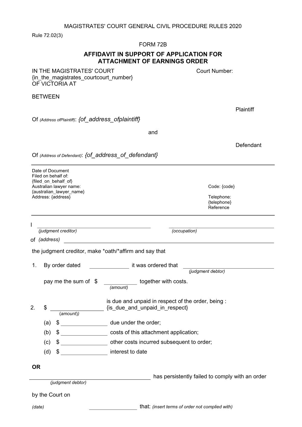 Preview of the first page of Affidavit in support of application for attachment of earnings order (Form 72B)