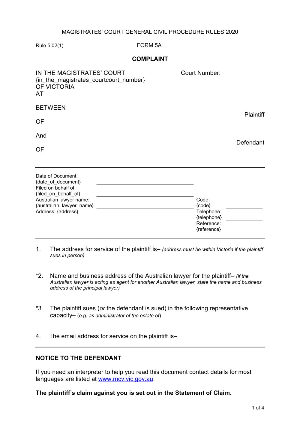 Preview of the first page of Complaint (Form 5A)