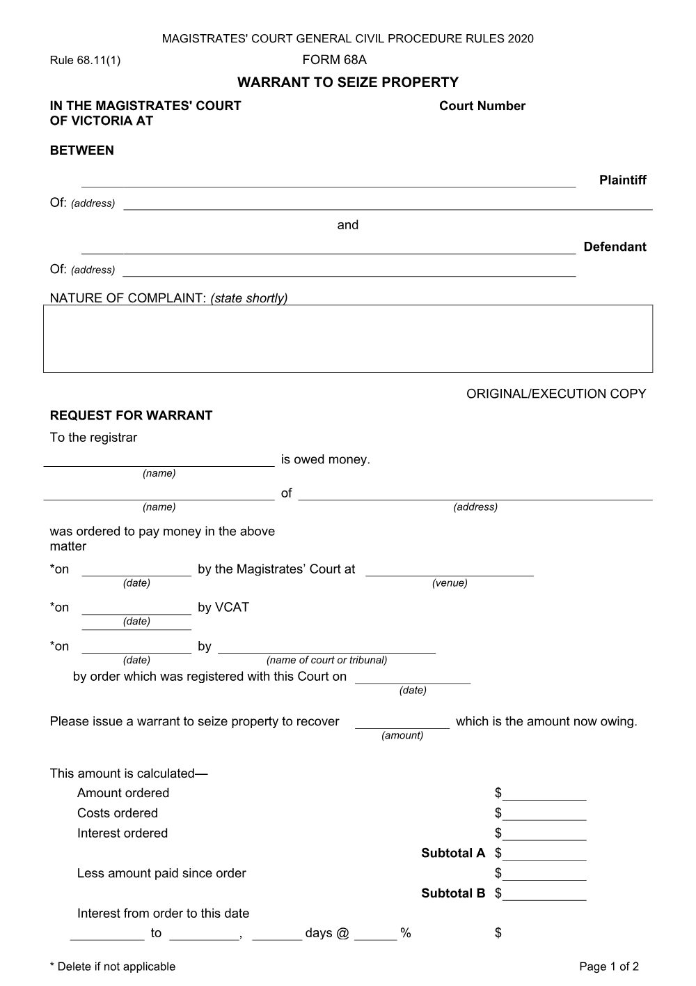Preview of the first page of Warrant to seize property (Form 68A)