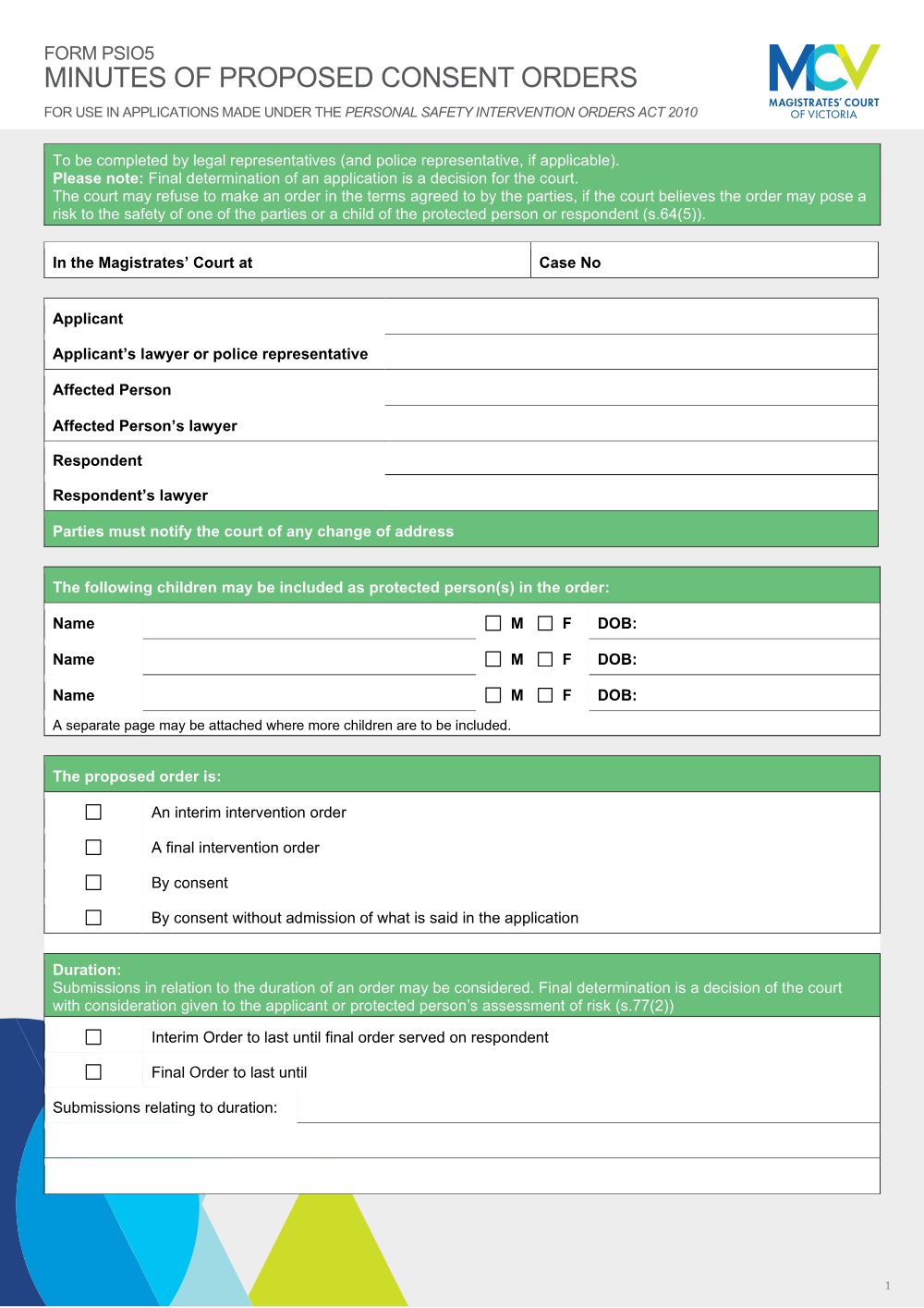 Preview of the first page of Minutes of proposed consent orders (Form PSIO5)