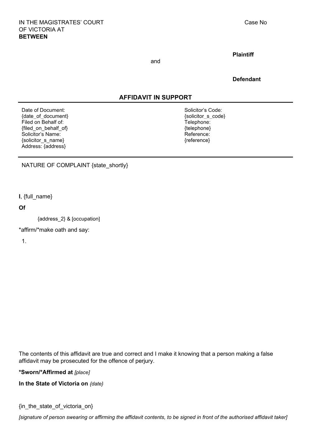 Preview of the first page of Affidavit in support of application