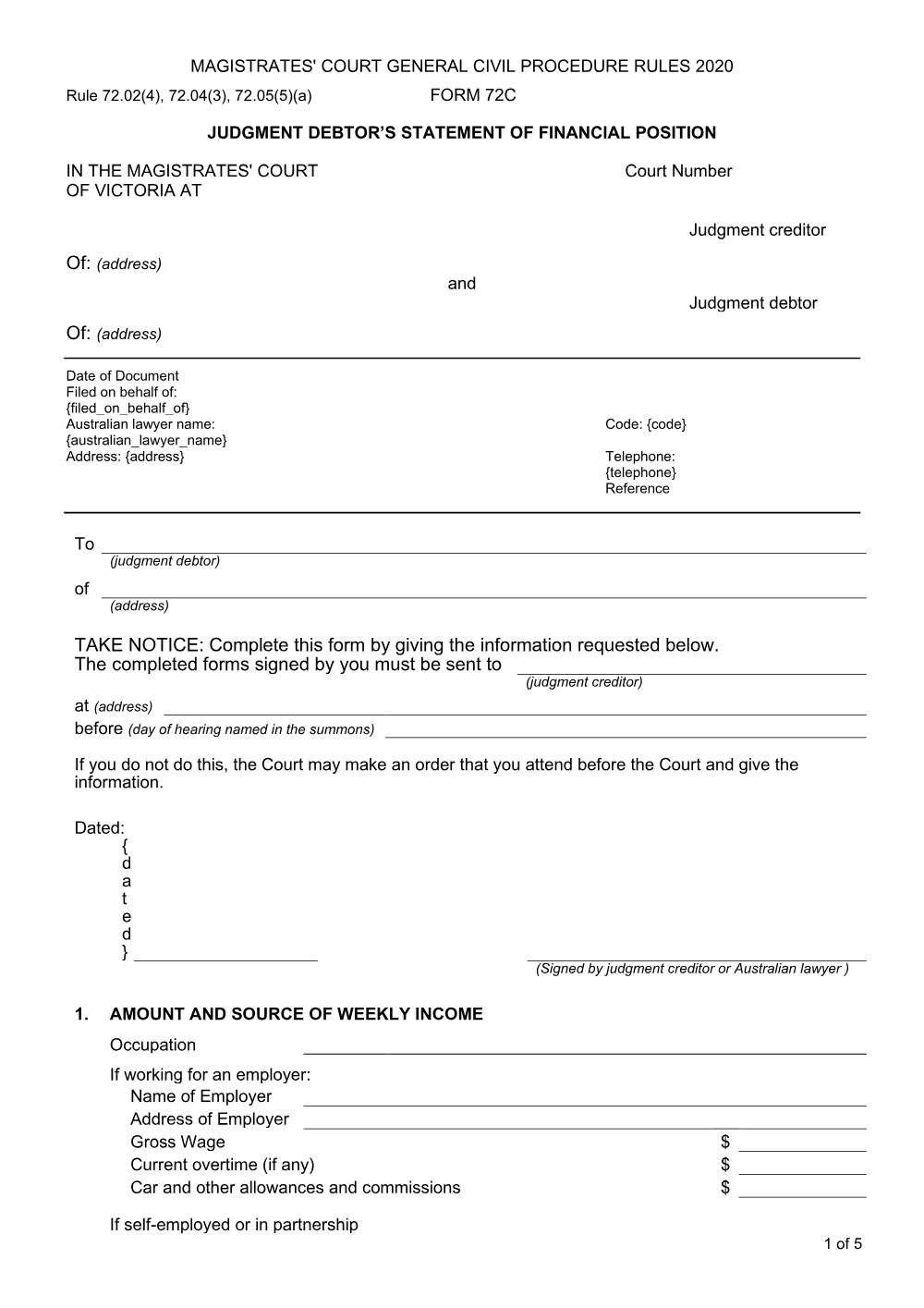 Preview of the first page of Judgment debtor's statement of financial position (Form 72C)
