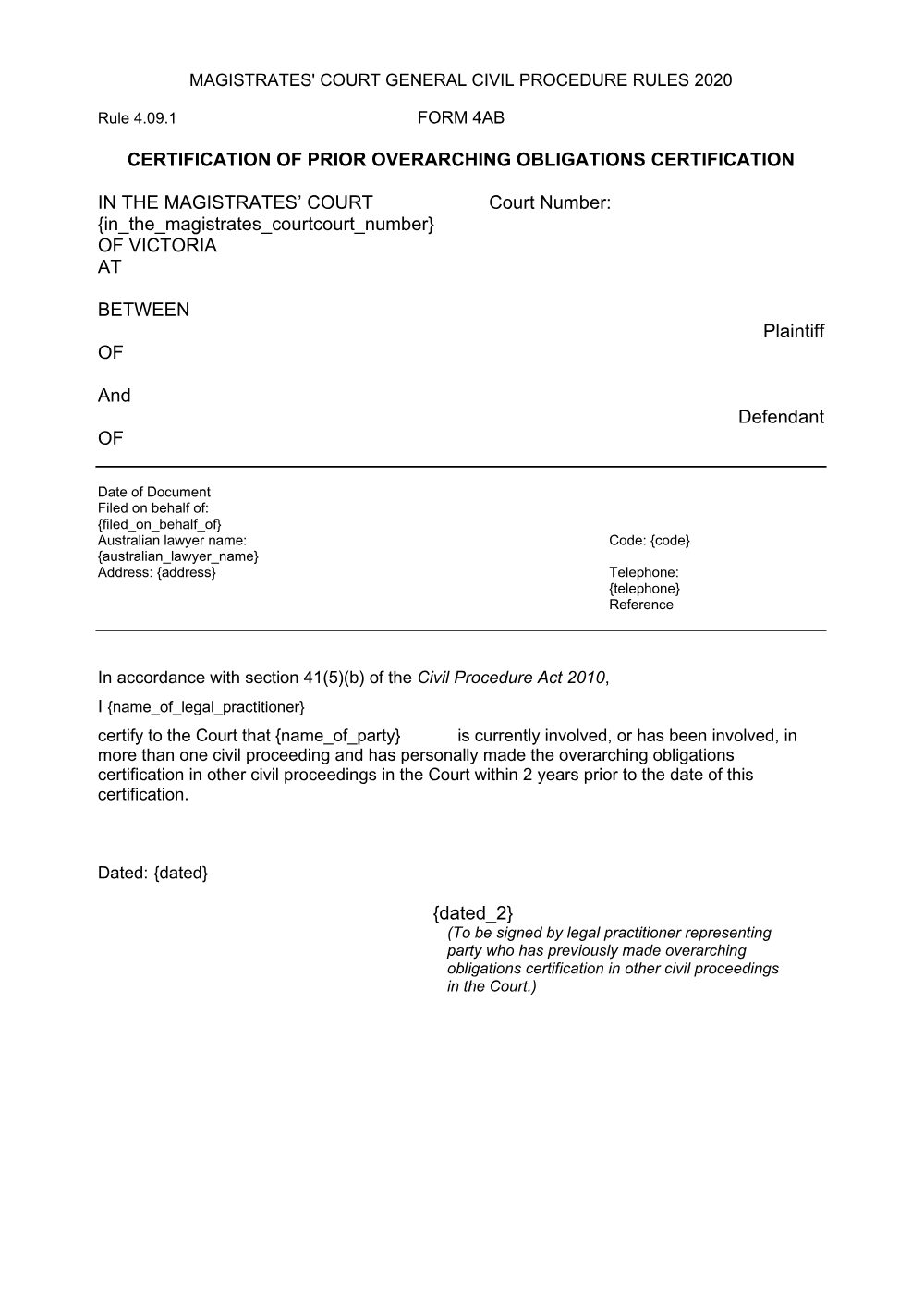Preview of the first page of Certification of prior overarching obligations certification (Form 4AB)