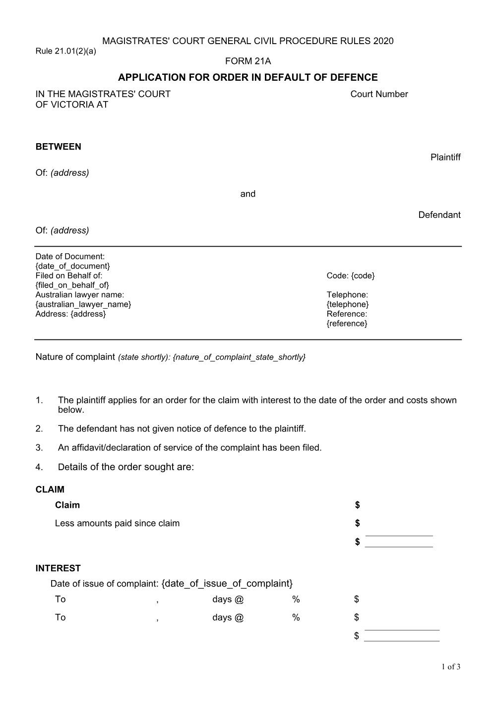 Preview of the first page of Application for order in default of defence (Form 21A)