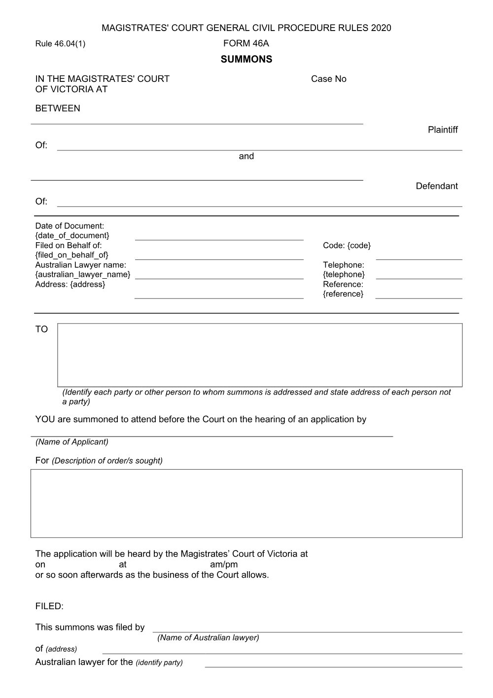 Preview of the first page of Summons (Interlocutory) (Form 46A)