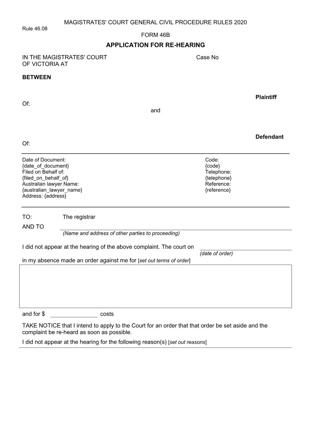 Preview of the first page of Application for re-hearing (Form 46B)