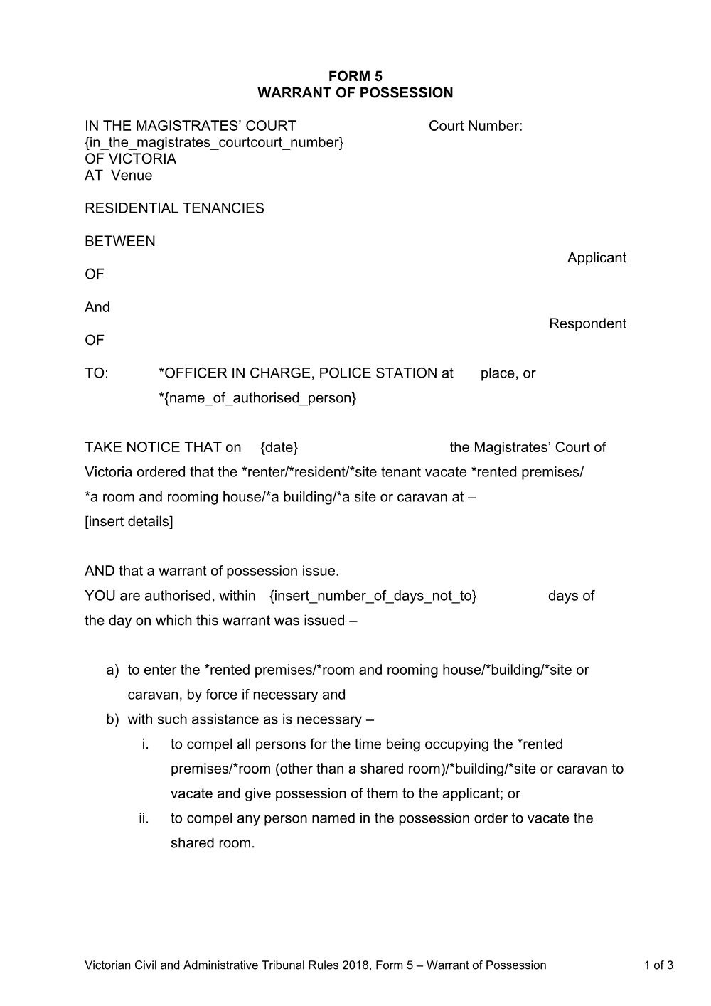 Preview of the first page of Warrant of Possession (Form 5)