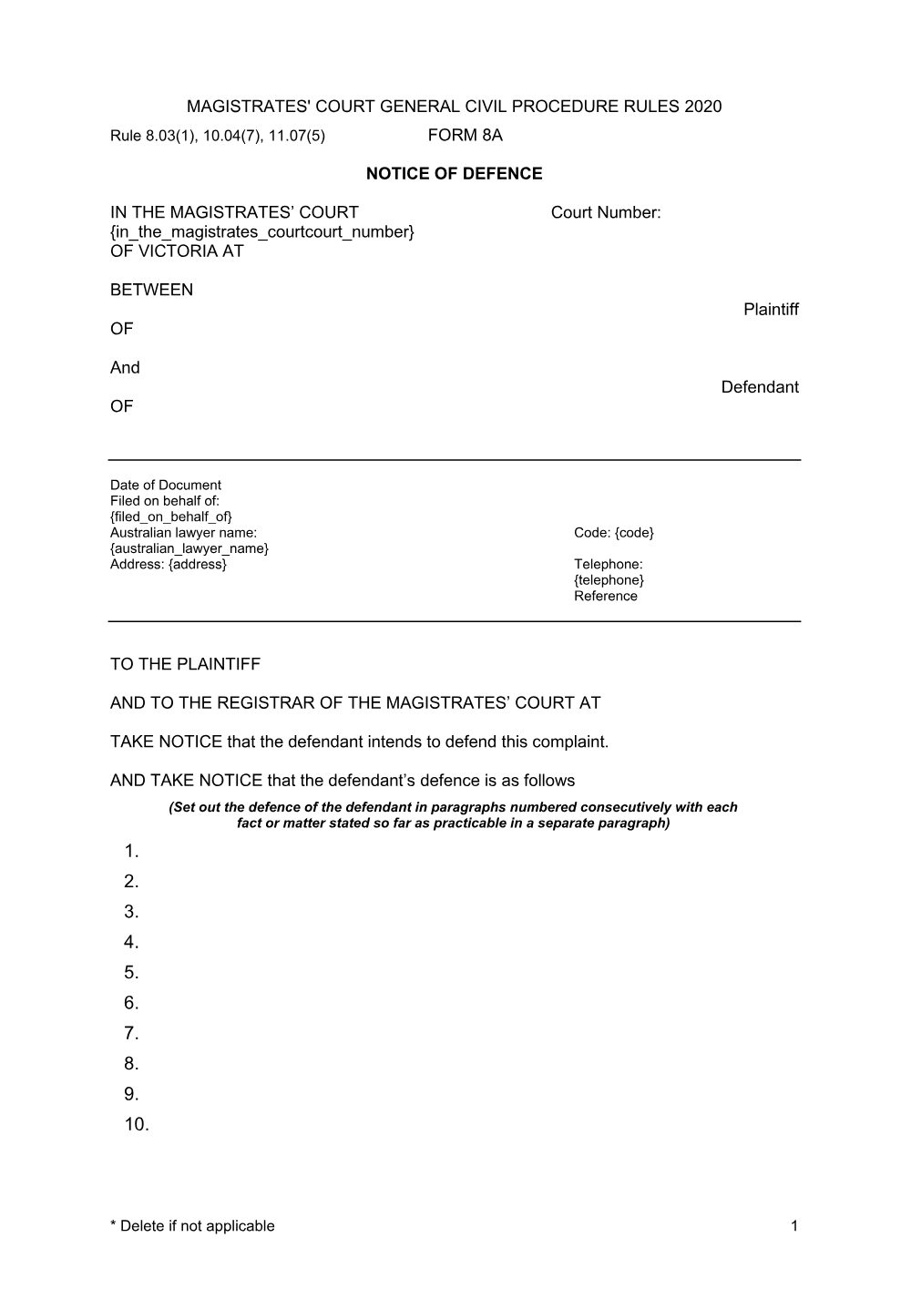 Preview of the first page of Notice of defence (Form 8A)