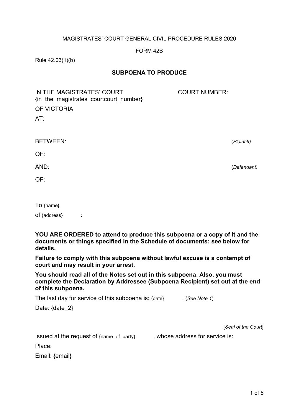 Preview of the first page of Subpoena to produce (Form 42B)