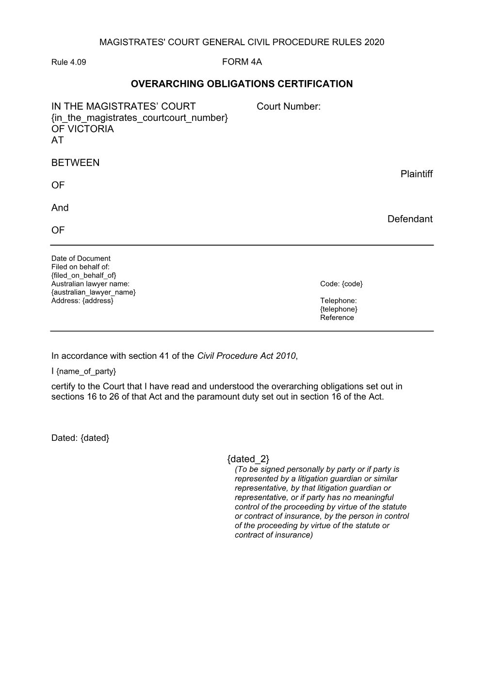 Preview of the first page of Overarching obligations certification (Form 4A)