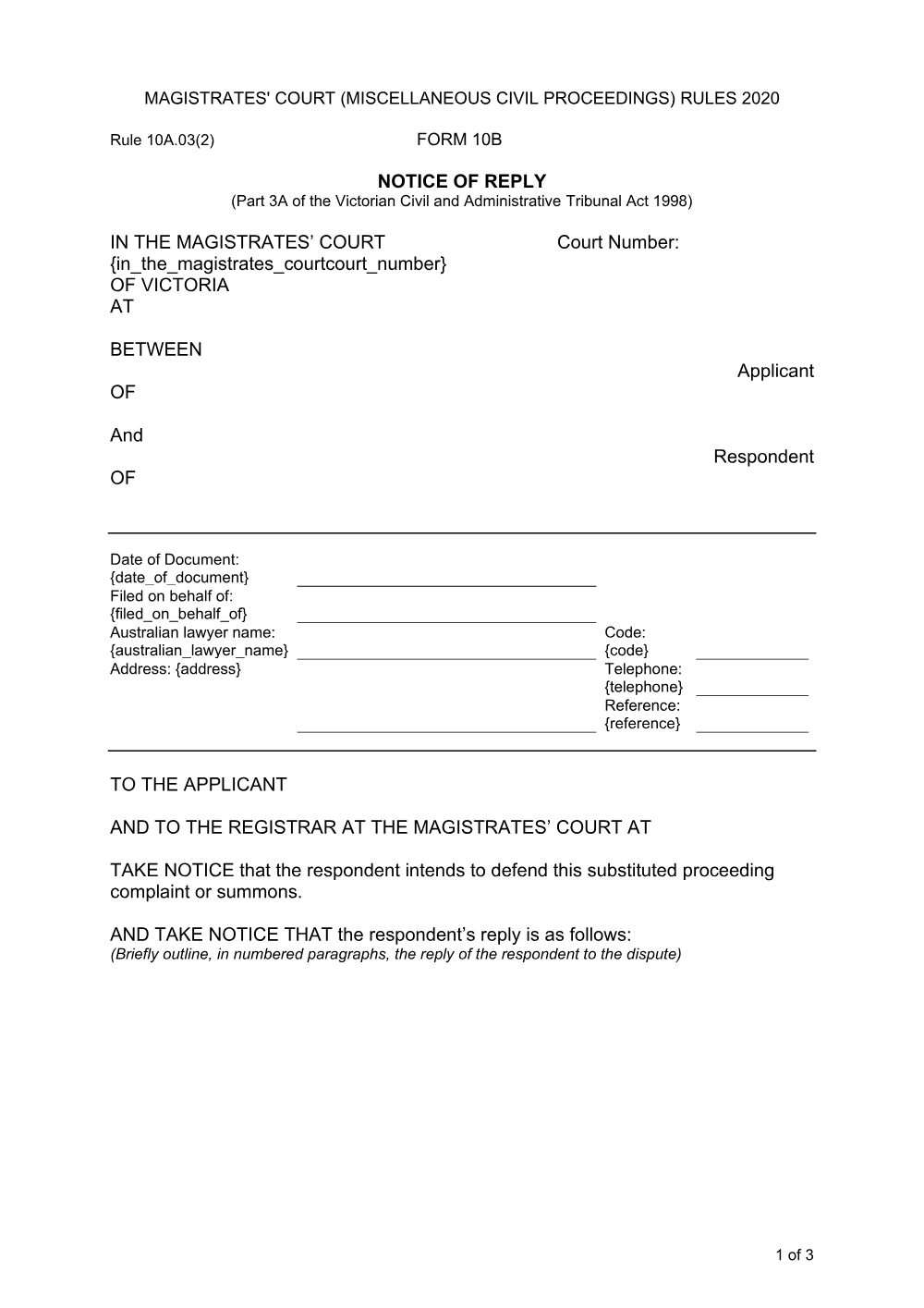 Preview of the first page of Notice of Reply (Form 10B)