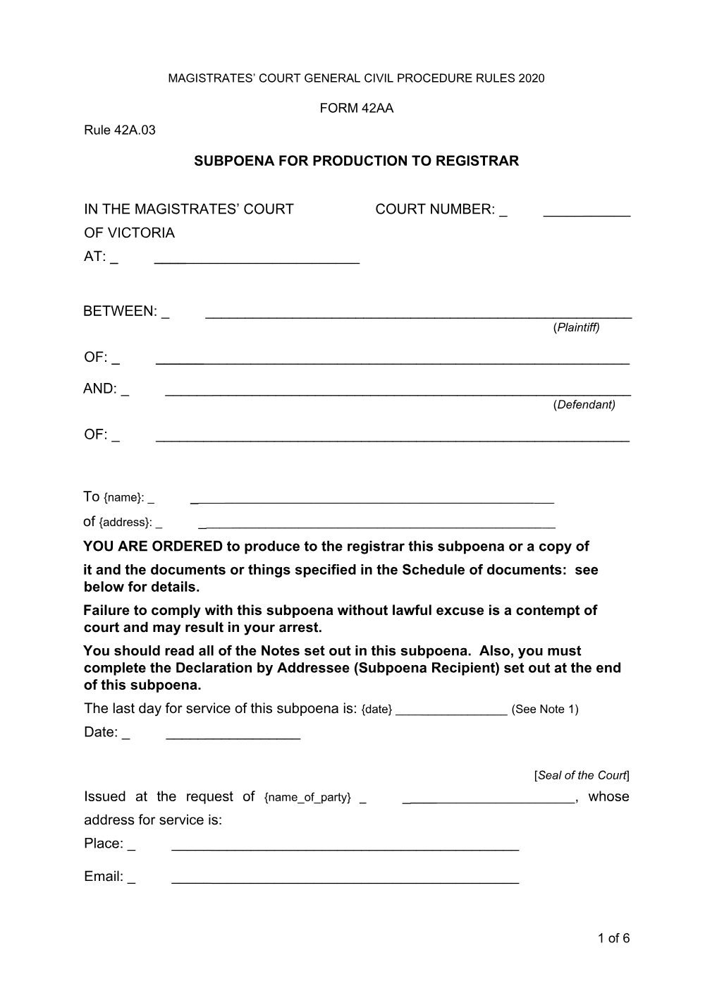 Preview of the first page of Subpoena for production to registrar (Form 42AA)