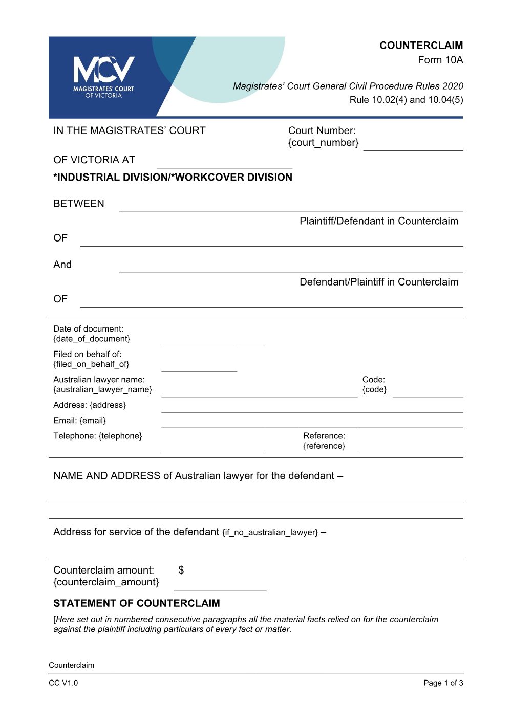 Preview of the first page of Counterclaim (Form 10A)
