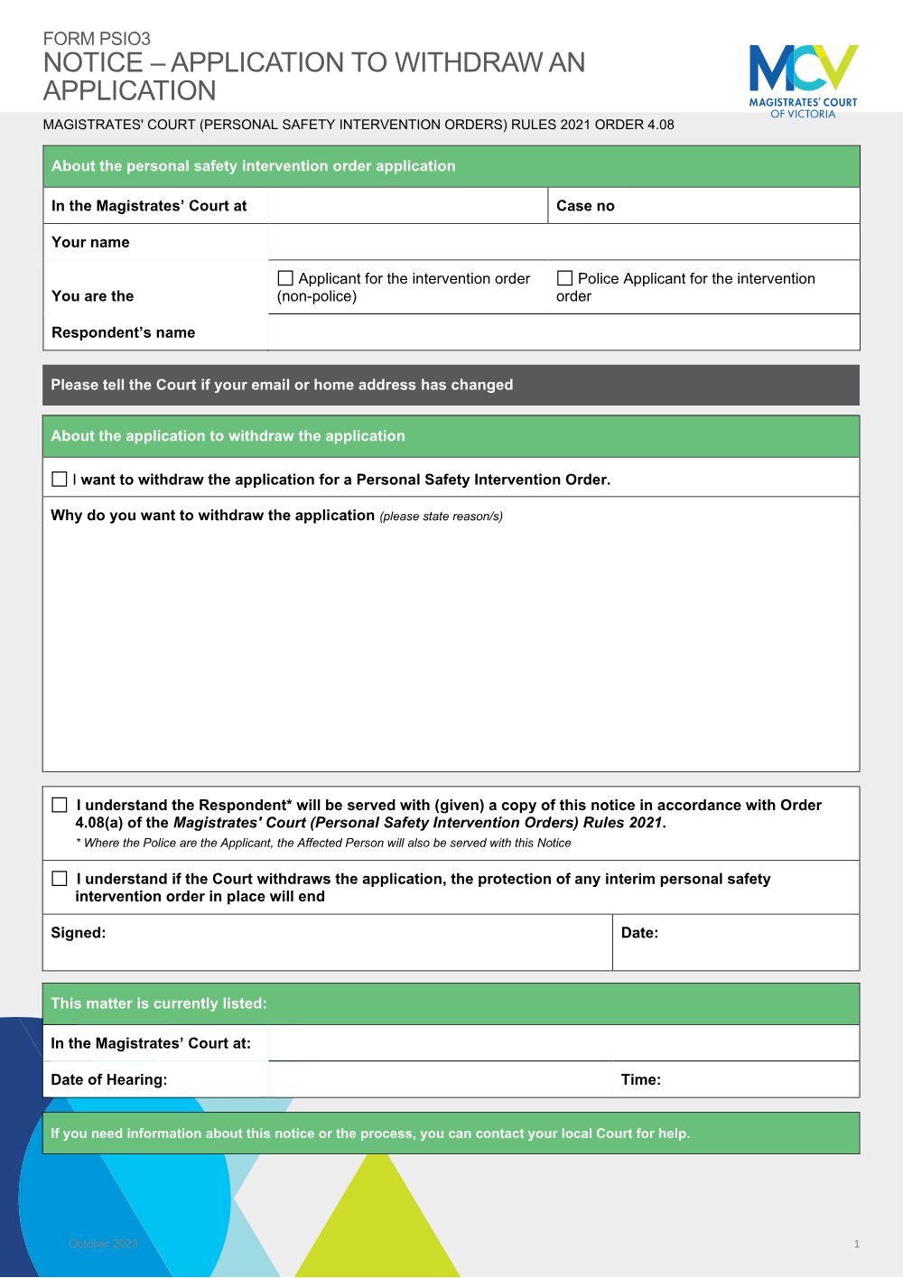 Preview of the first page of Notice of withdrawal of a personal safety intervention order (Form PSIO3)