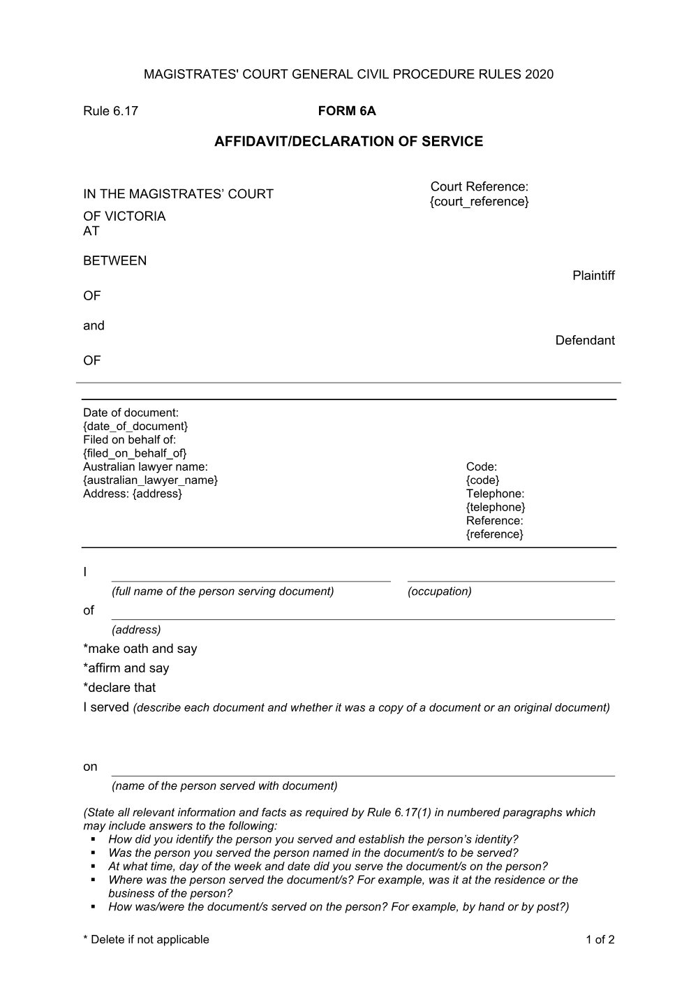 Preview of the first page of Affidavit/Declaration of service (Form 6A)