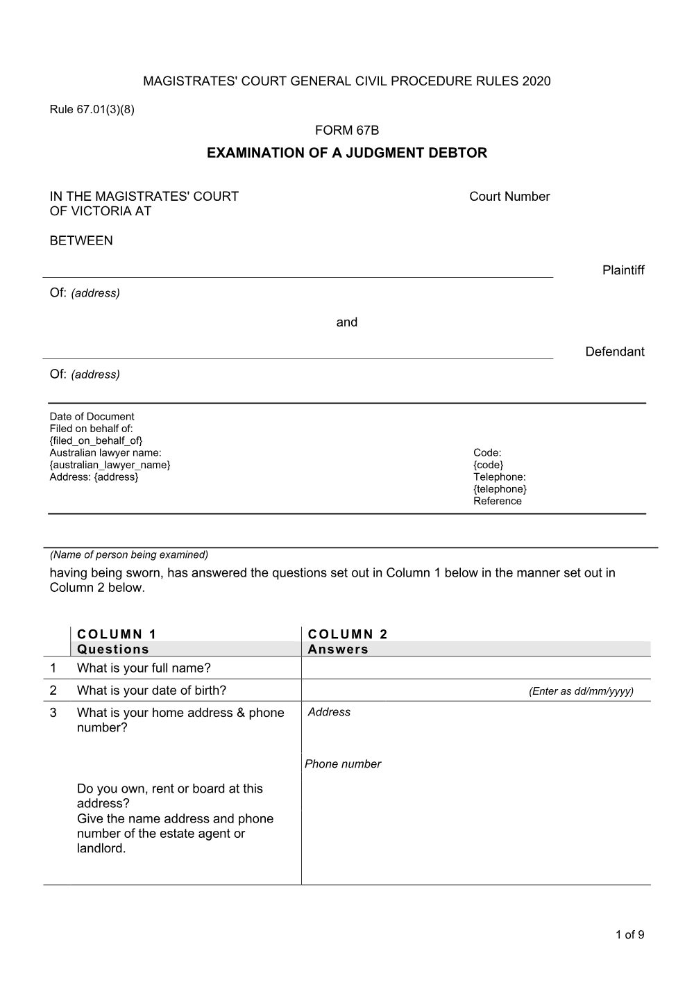 Preview of the first page of Examination of a judgment debtor (Form 67B)