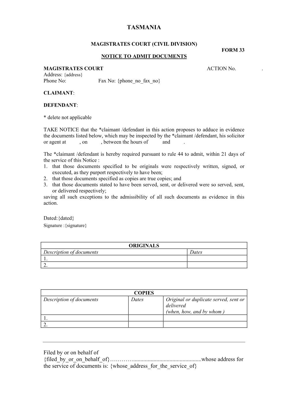 Preview of the first page of Notice to Admit Documents (Form 33)