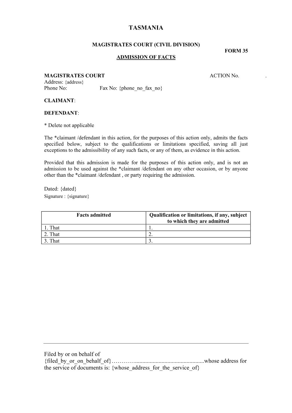 Preview of the first page of Admission of Facts (Form 35)