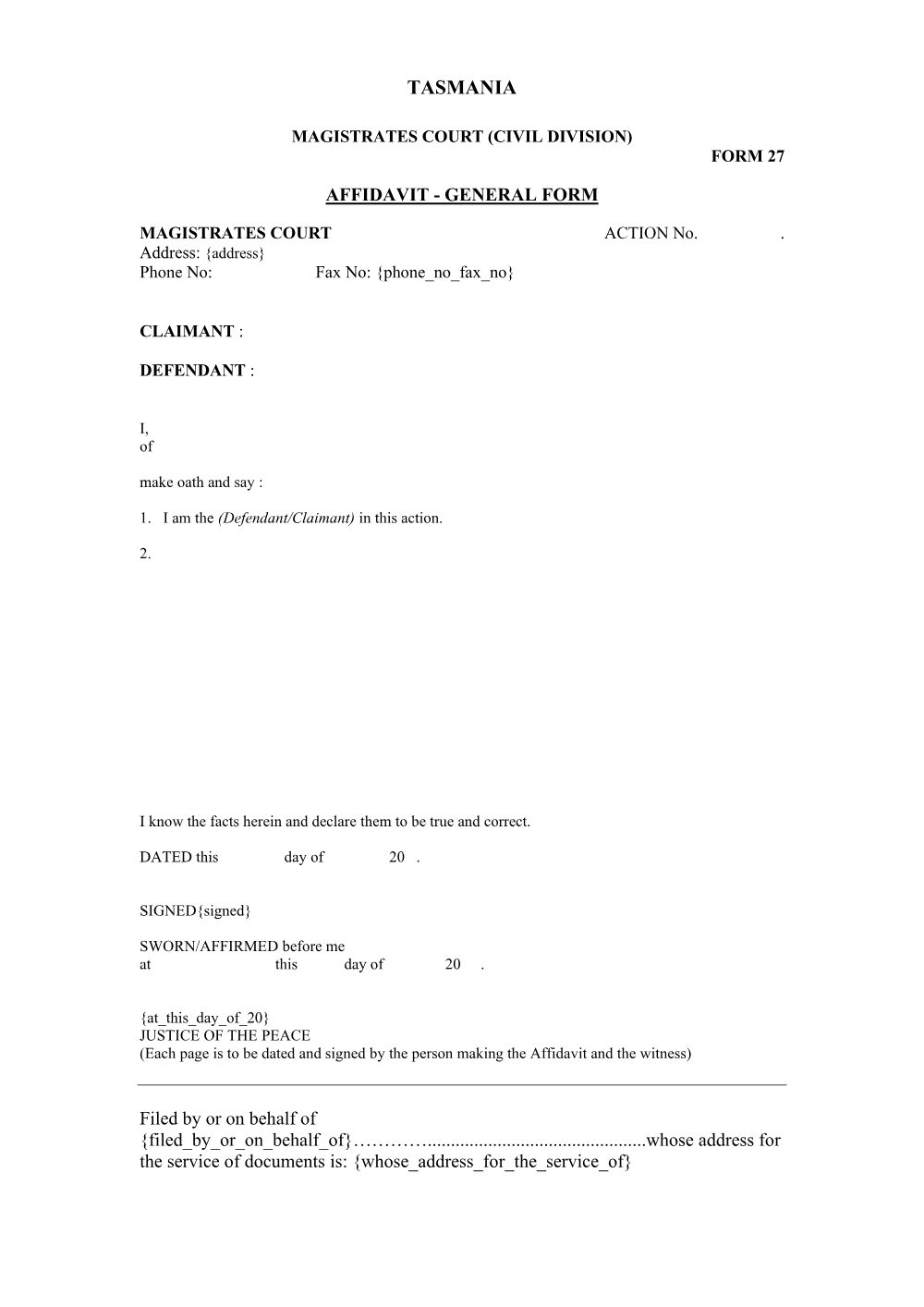 Preview of the first page of Affidavit General (Form 27)