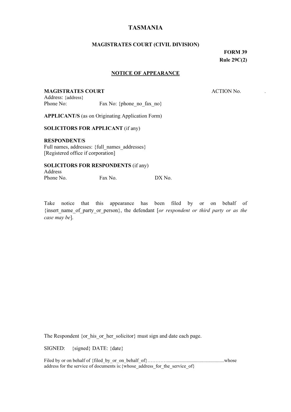 Preview of the first page of Notice of Appearance (Form 39)