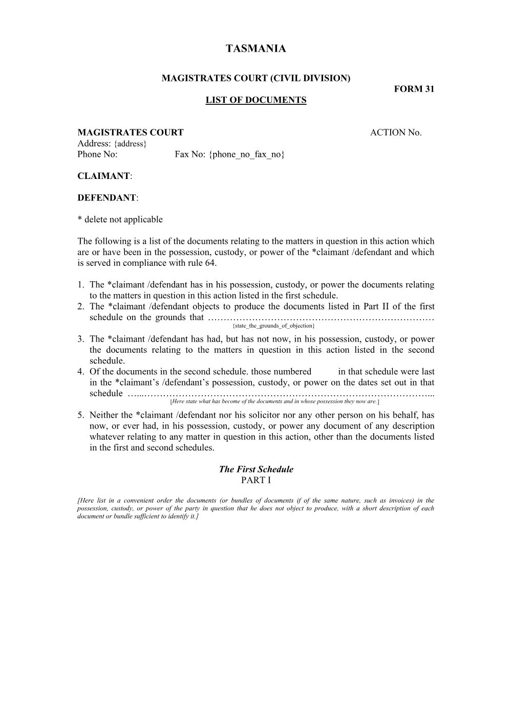 Preview of the first page of List of Documents (Form 31)