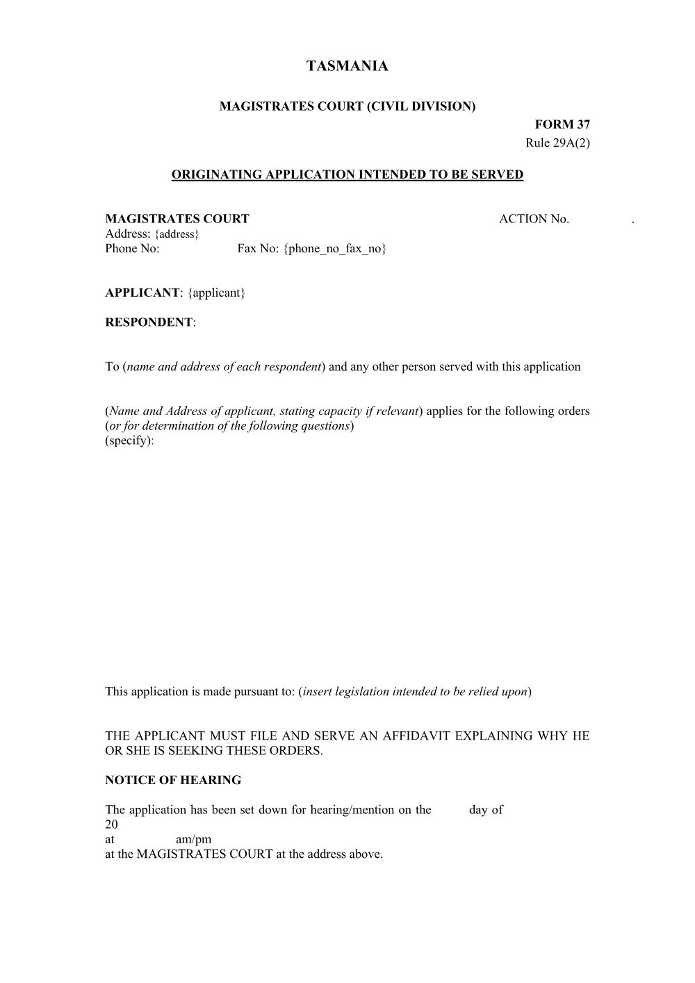 Preview of the first page of Originating Application Intended to be Served (Form 37)