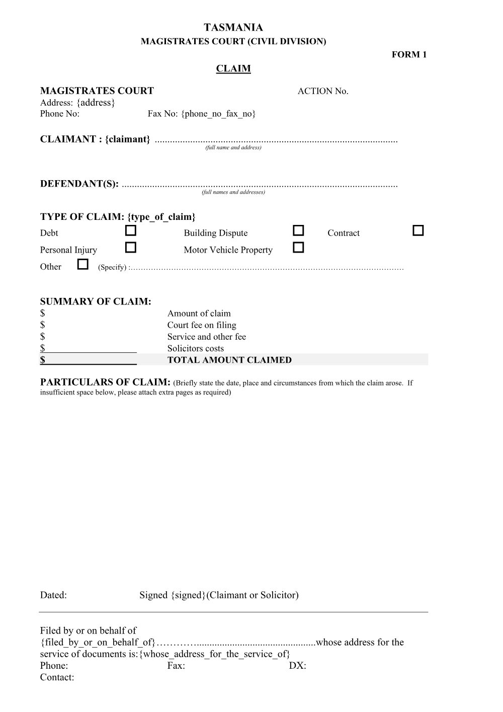 Preview of the first page of Claim (Form 1)