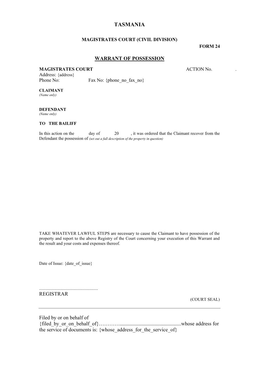 Preview of the first page of Warrant of Possession (Form 24)