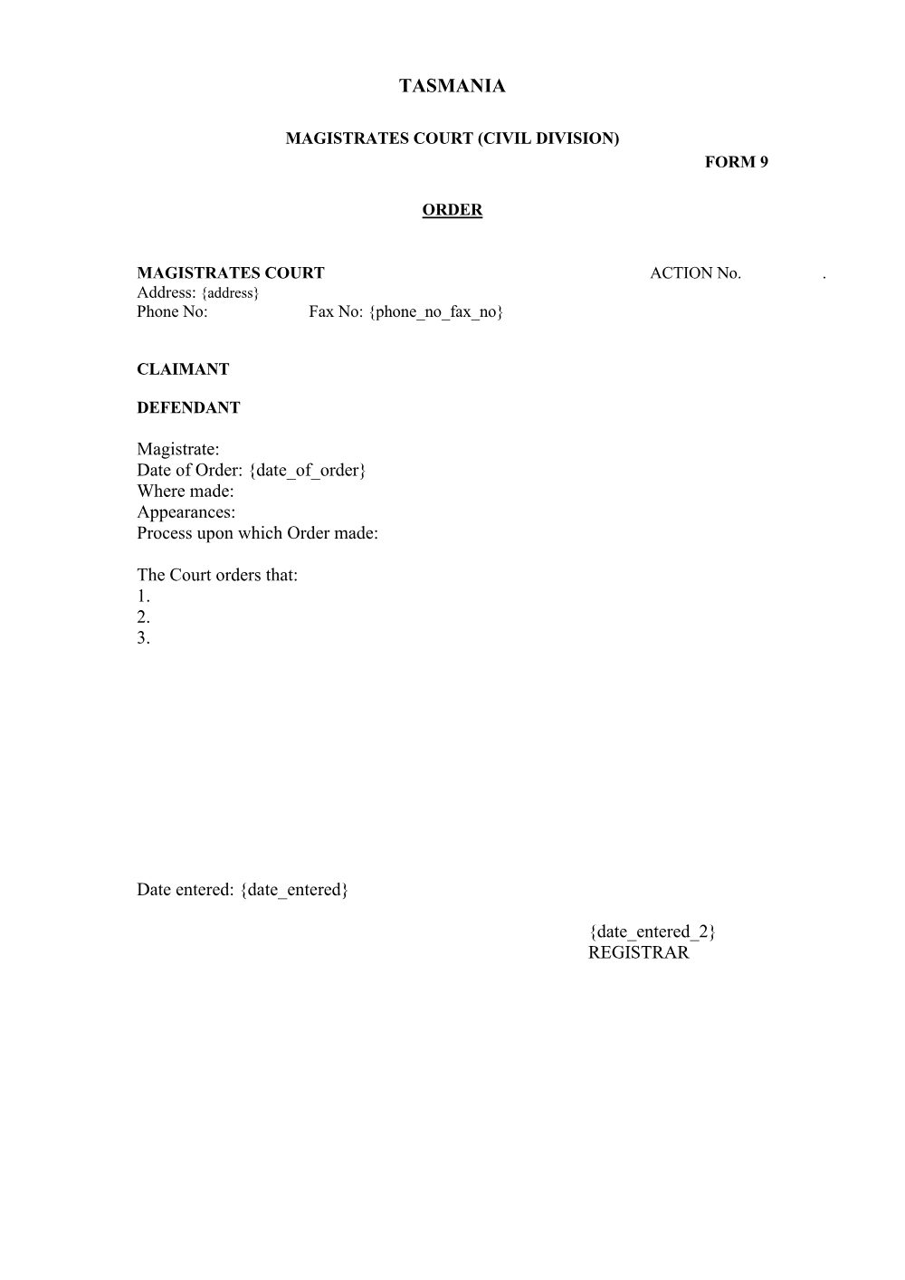 Preview of the first page of Order (Form 9)