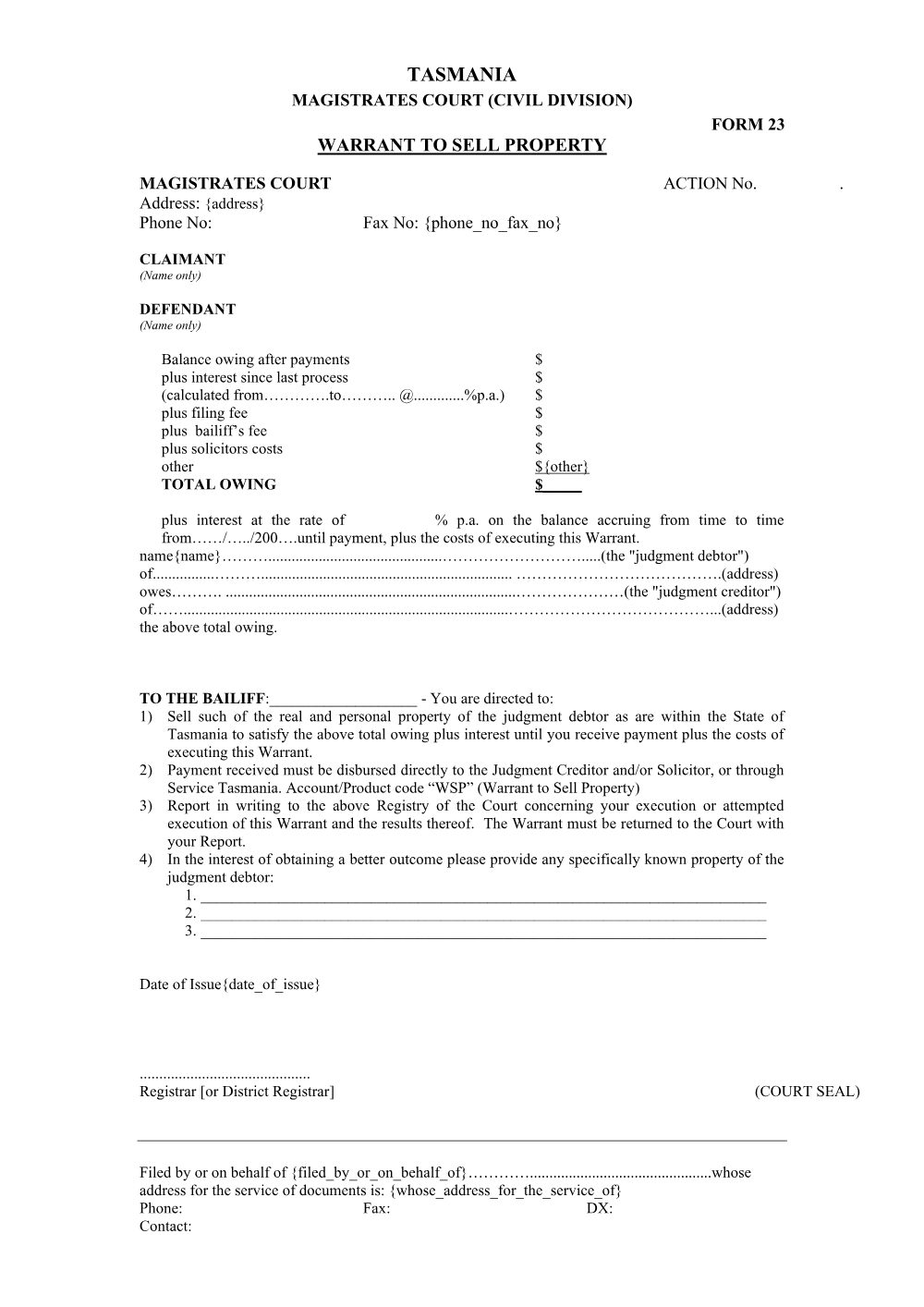 Preview of the first page of Warrant to Sell Property (Form 23)