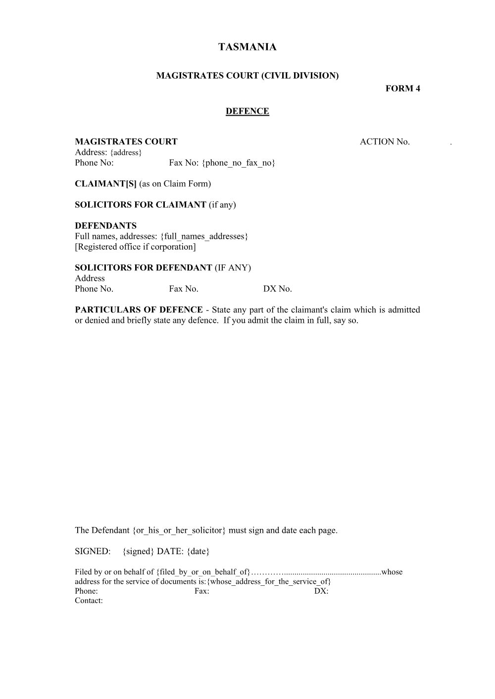 Preview of the first page of Defence (Form 4)