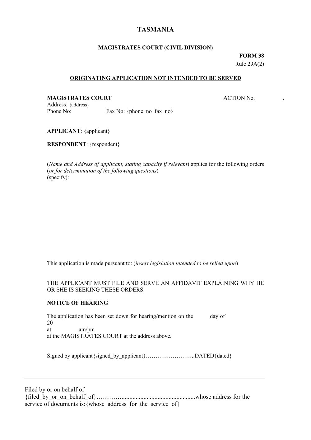 Preview of the first page of Originating Application Not Intended to be Served (Form 38)