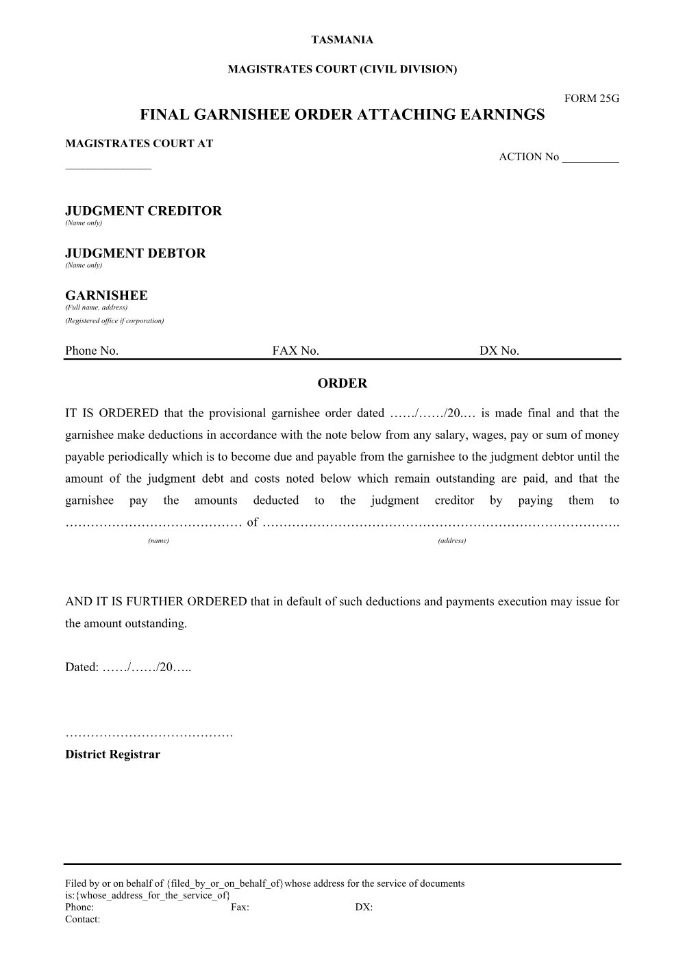 Preview of the first page of Final Garnishee Order Attaching Earnings (Form 25G)